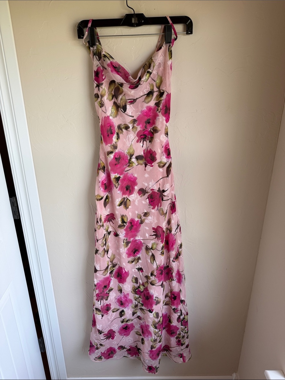 Floral Pink Wedding Guest Dress with Cowl Neck